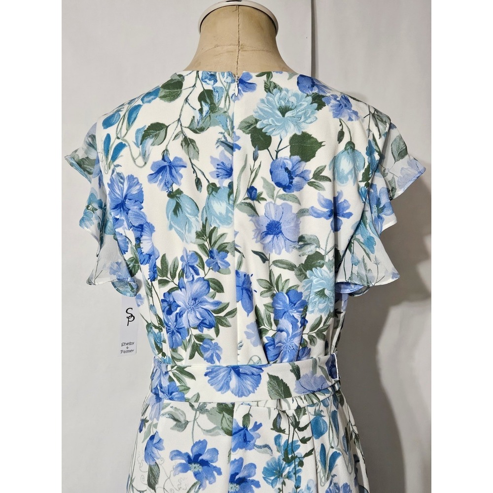 Shelby & Palmer Blue Floral Faux Wrap Ruffle Belted Sheath Dress - Picture 6 of 12